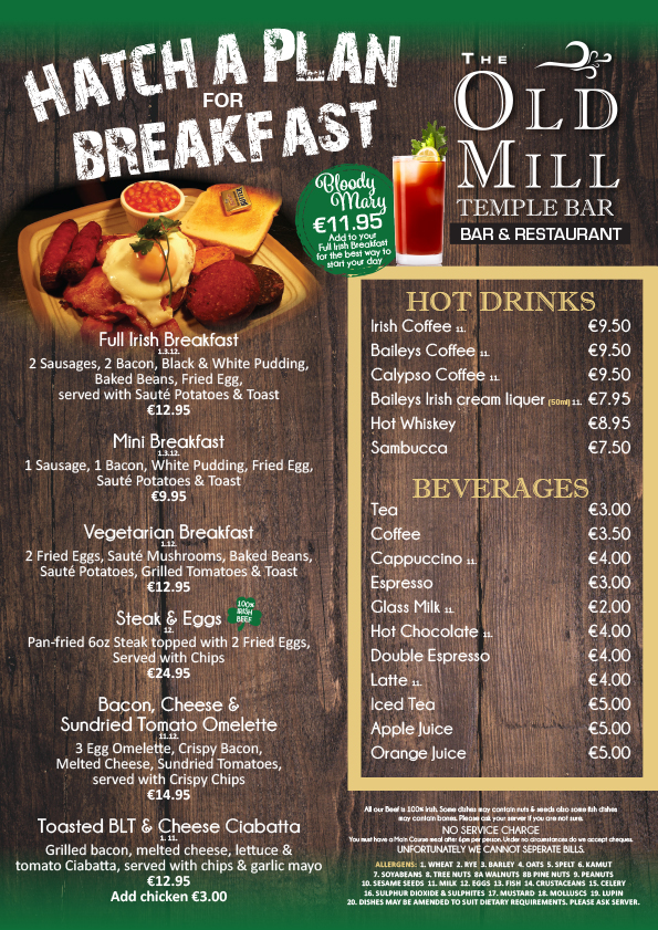 The Old Mill Temple Bar Hatch a Plan for Breakfast menu poster.