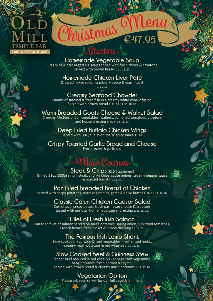 The Old Mill Christmas dinner menu: starters and main courses.