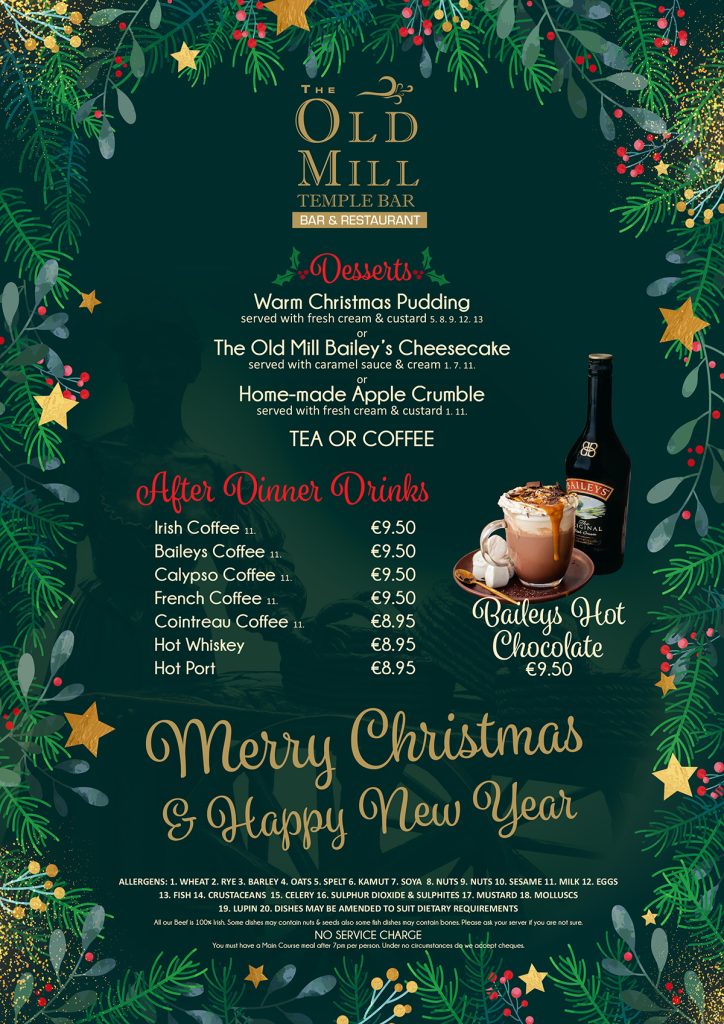 The Old Mill Christmas dinner menu: desserts, tea or coffee, drinks and allergen information.