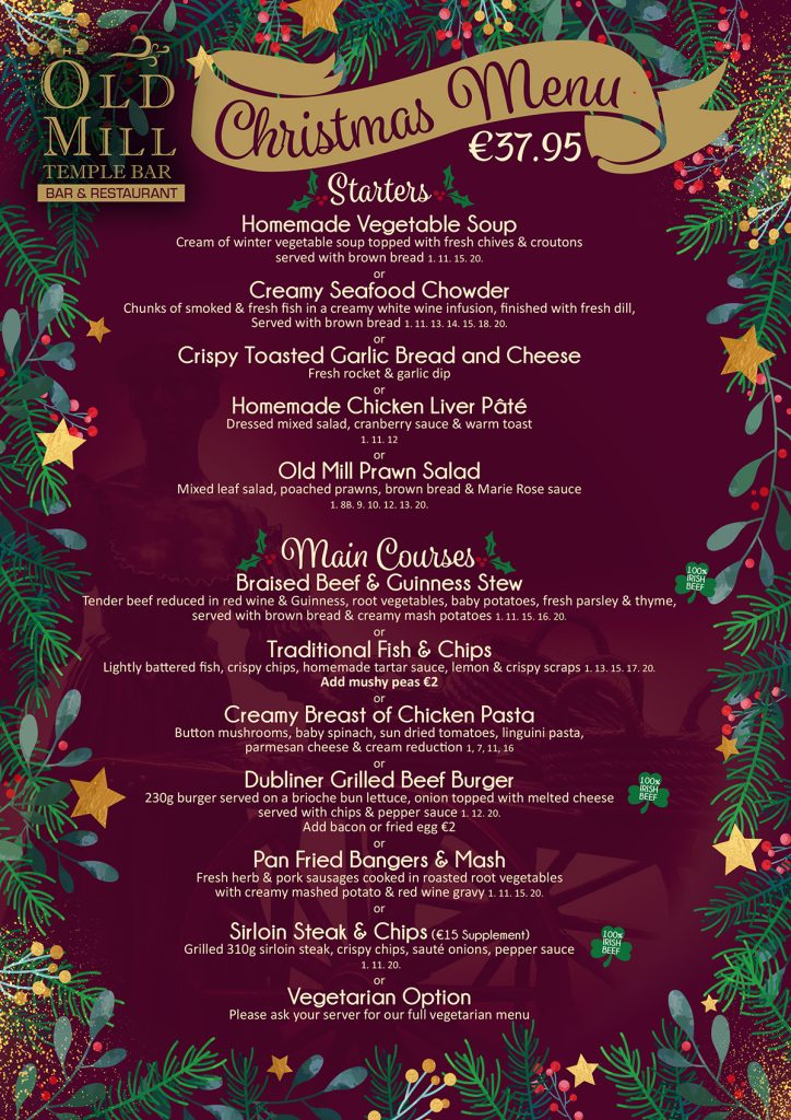 The Old Mill Christmas lunch menu: starters and main courses.