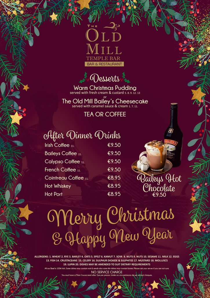 The Old Mill Christmas lunch menu: desserts, tea or coffee, drinks and allergen information.