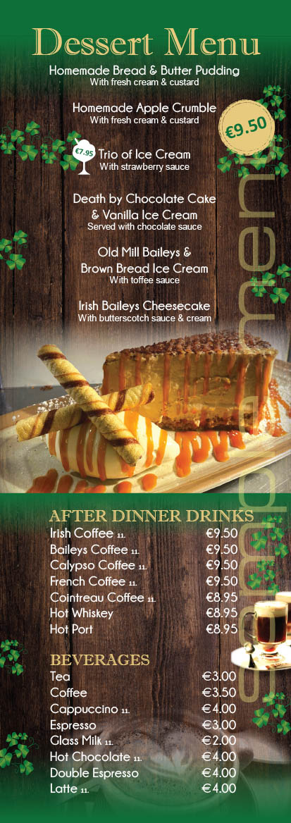 The Old Mill Temple Bar desserts menu poster.