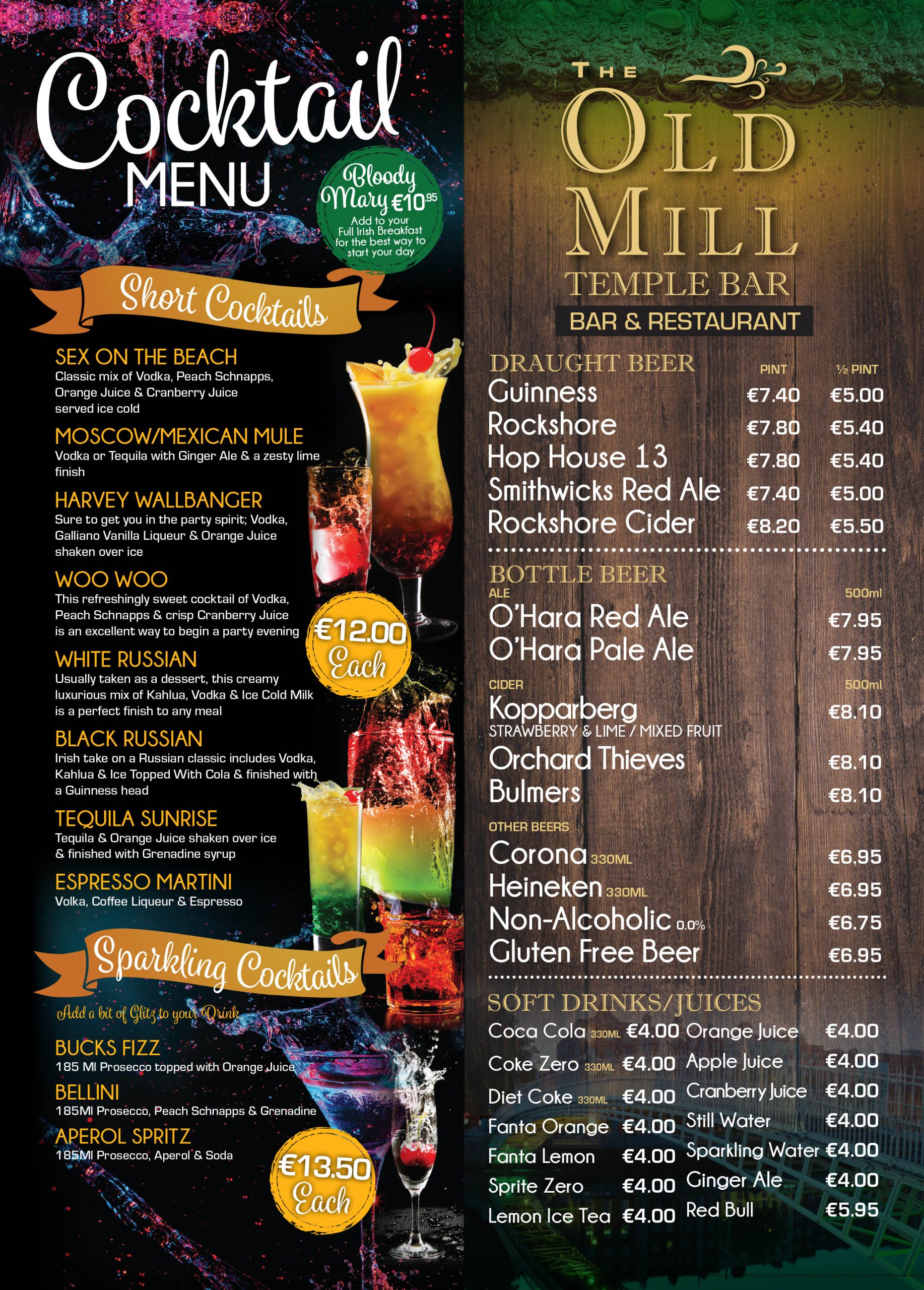 The Old Mill Temple Bar drinks menu with cocktails, draught beer, bottled beer, soft drinks, and juices.