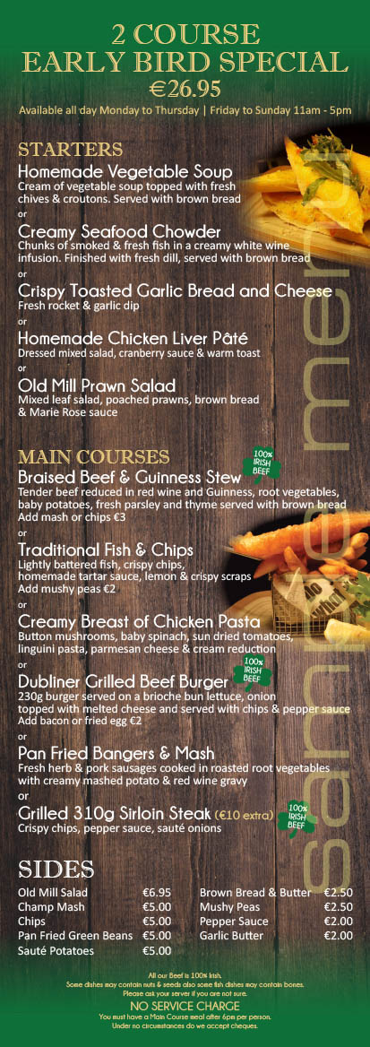 The Old Mill Temple Bar early bird menu poster.