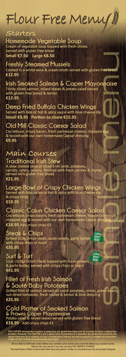 The Old Mill Temple Bar flour free menu poster.