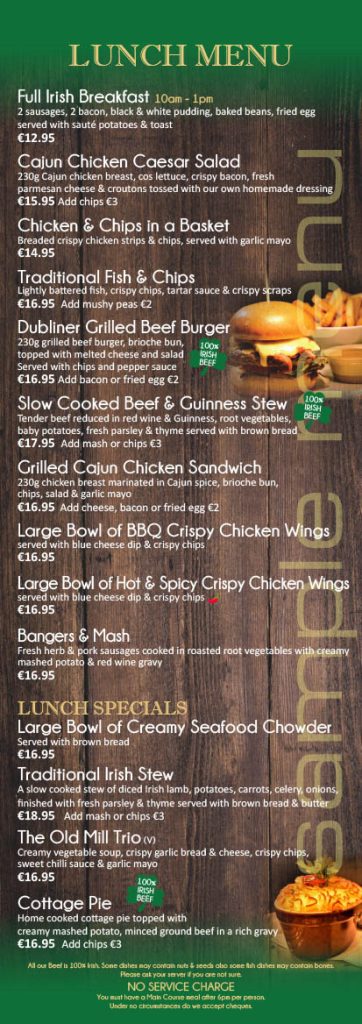 The Old Mill Temple Bar lunch menu poster.