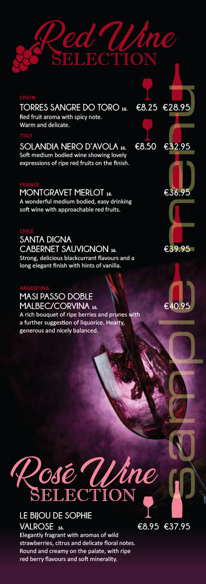 The Old Mill Temple Bar red and rose wine selection poster.