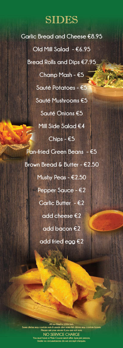 The Old Mill Temple Bar sides menu poster.