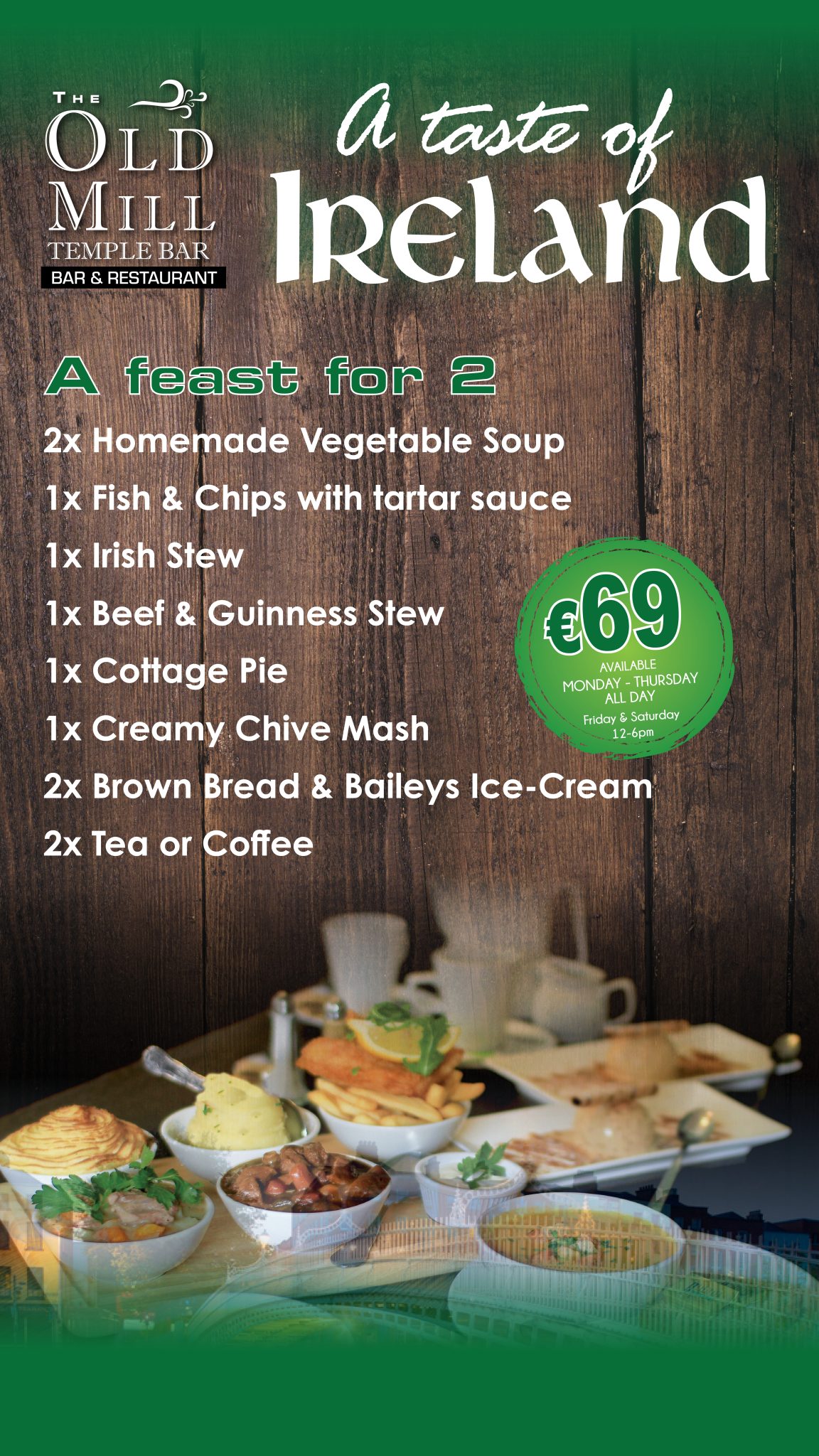 The Old Mill Temple Bar Taste of Ireland feast for two menu poster.