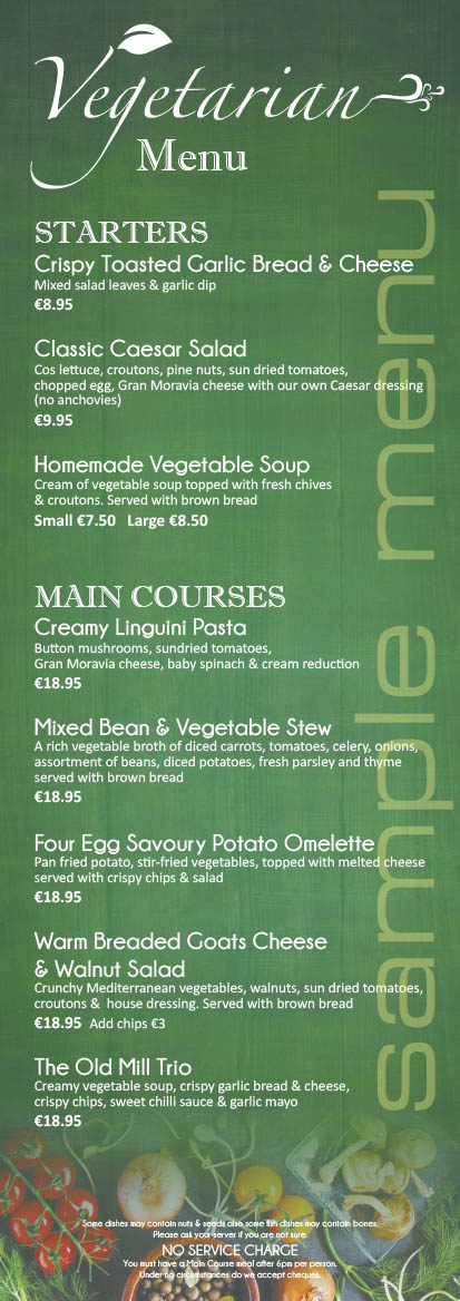 The Old Mill Temple Bar vegetarian menu poster.