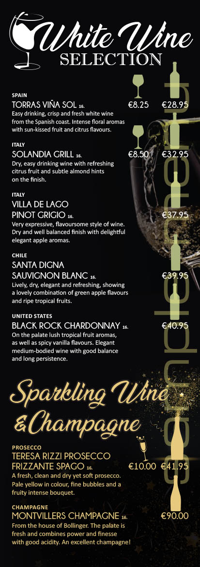 The Old Mill Temple Bar white wine, sparkling wine, and champagne selection poster.